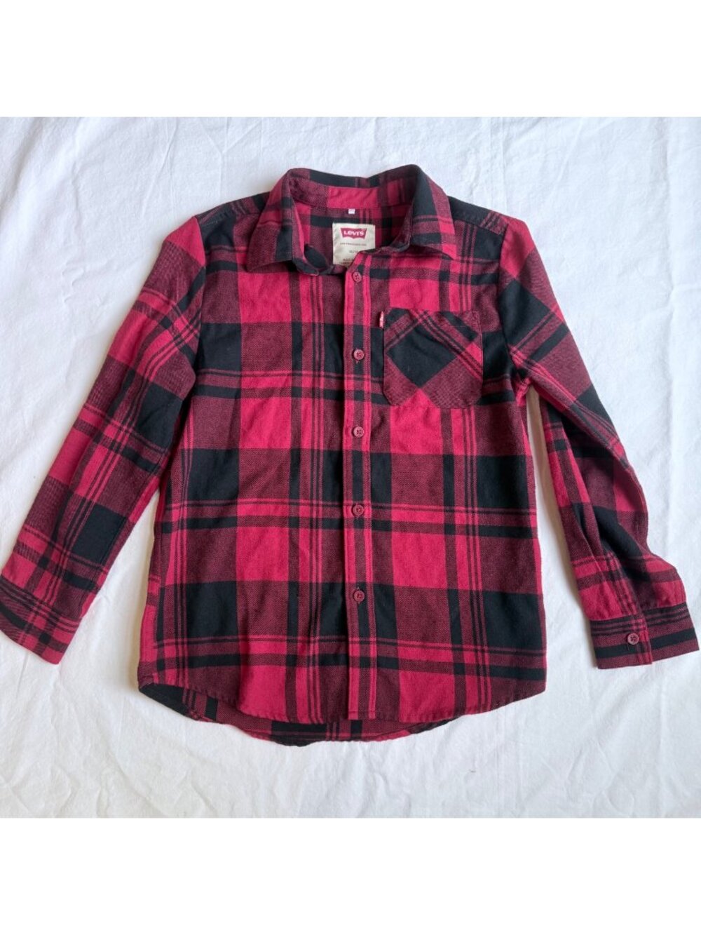Levis Kids Red & Black Plaid Button-Up Shirt 10/12 Long Sleeve 60% Cotton 40% Po